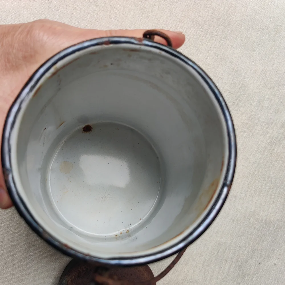 Antique Graniteware Milk Canister Pail Blue White Swirl Metal Lid Wire Handle